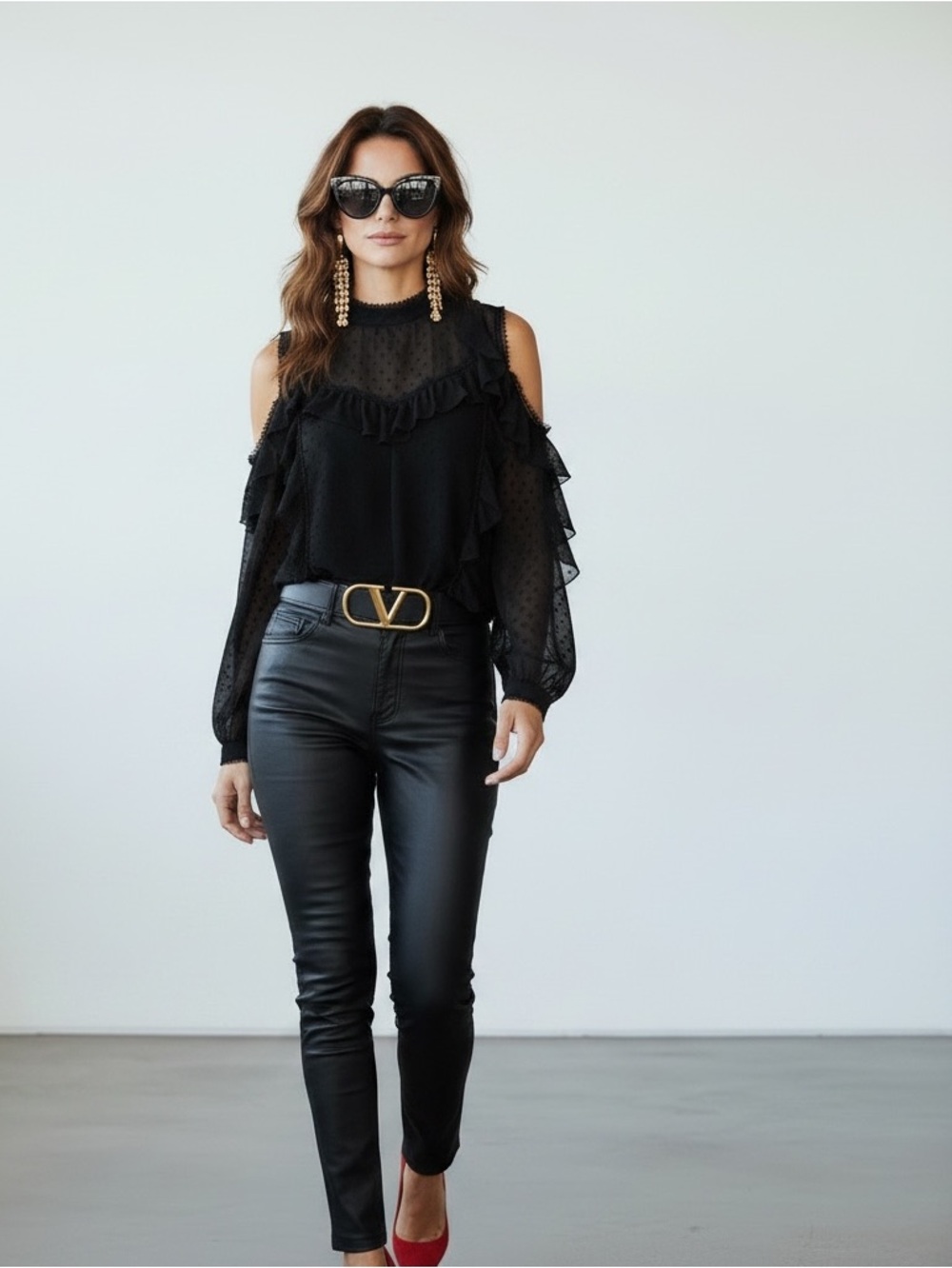 Nicholas black Swiss dot sheer ruffle romantic Cold-Shoulder blouse